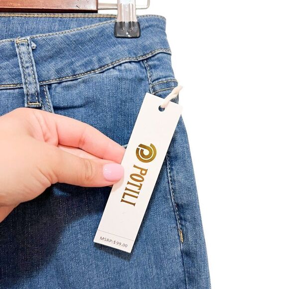 NWT Potili Medium Wash Skinny Distressed Stretch Blue Denim Jeans Retail $99 - Picture 4 of 12